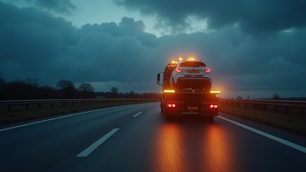 Recovery truck carrying a car at dusk